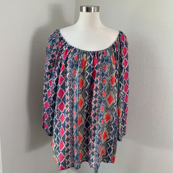 Chaps Womens Plus 3X Ikat Peasant Top Long Sleeve Boho Blouse Shirt - Picture 1 of 7